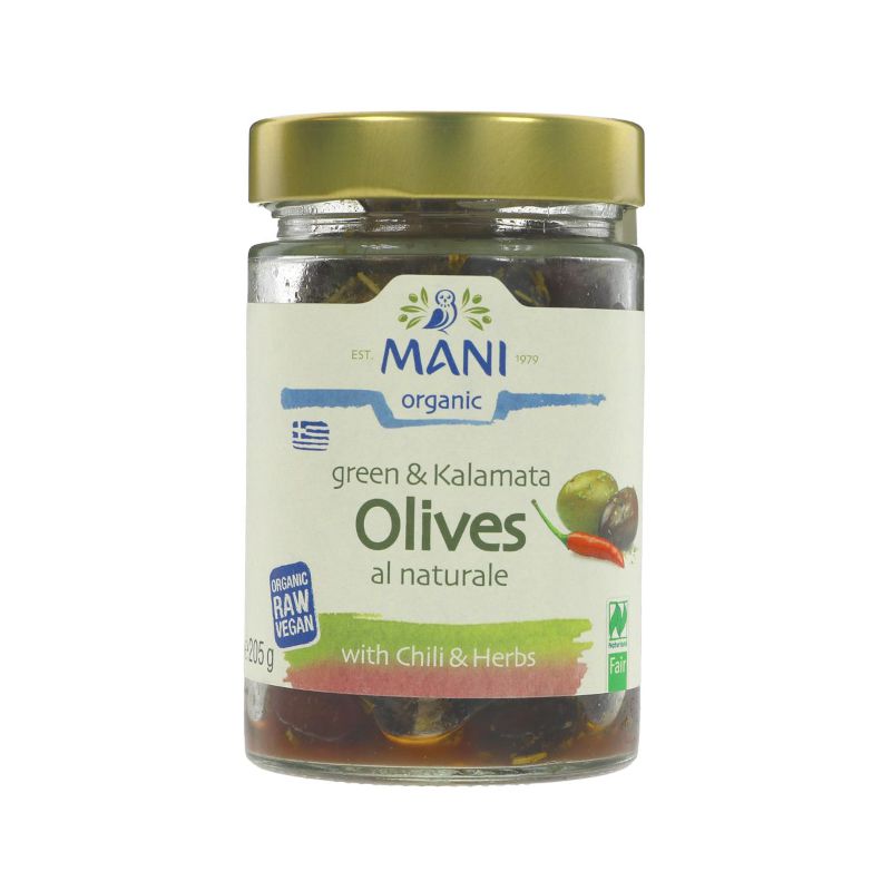 Mani Organic Green & Kalamata Olives With Chilli & Herbs Al Naturale (205g)